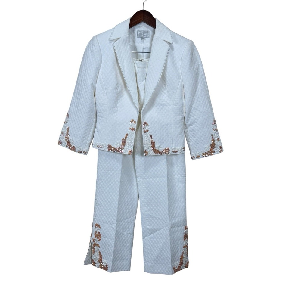 Alberto Makali White Sequin Trim 2 Piece Pant Suit WOMENS SZ 2 Blazer Sz 8 Pants